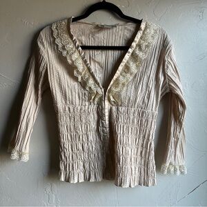 Young Essence Lace Trim Blouse Cream Romantic Cottagecore Coquette Top Sz M